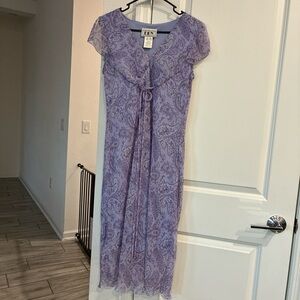 Vintage Lavender Paisley Ruffle-Trim Midi Dress